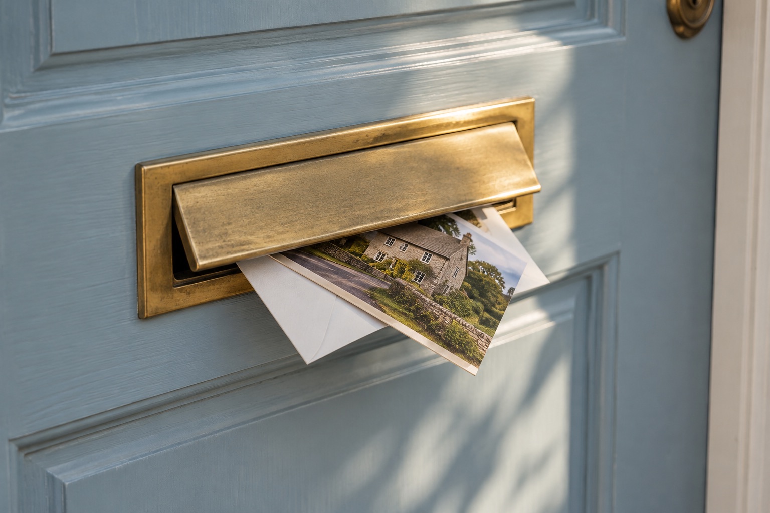A property mailer peeking from a brass mail slot