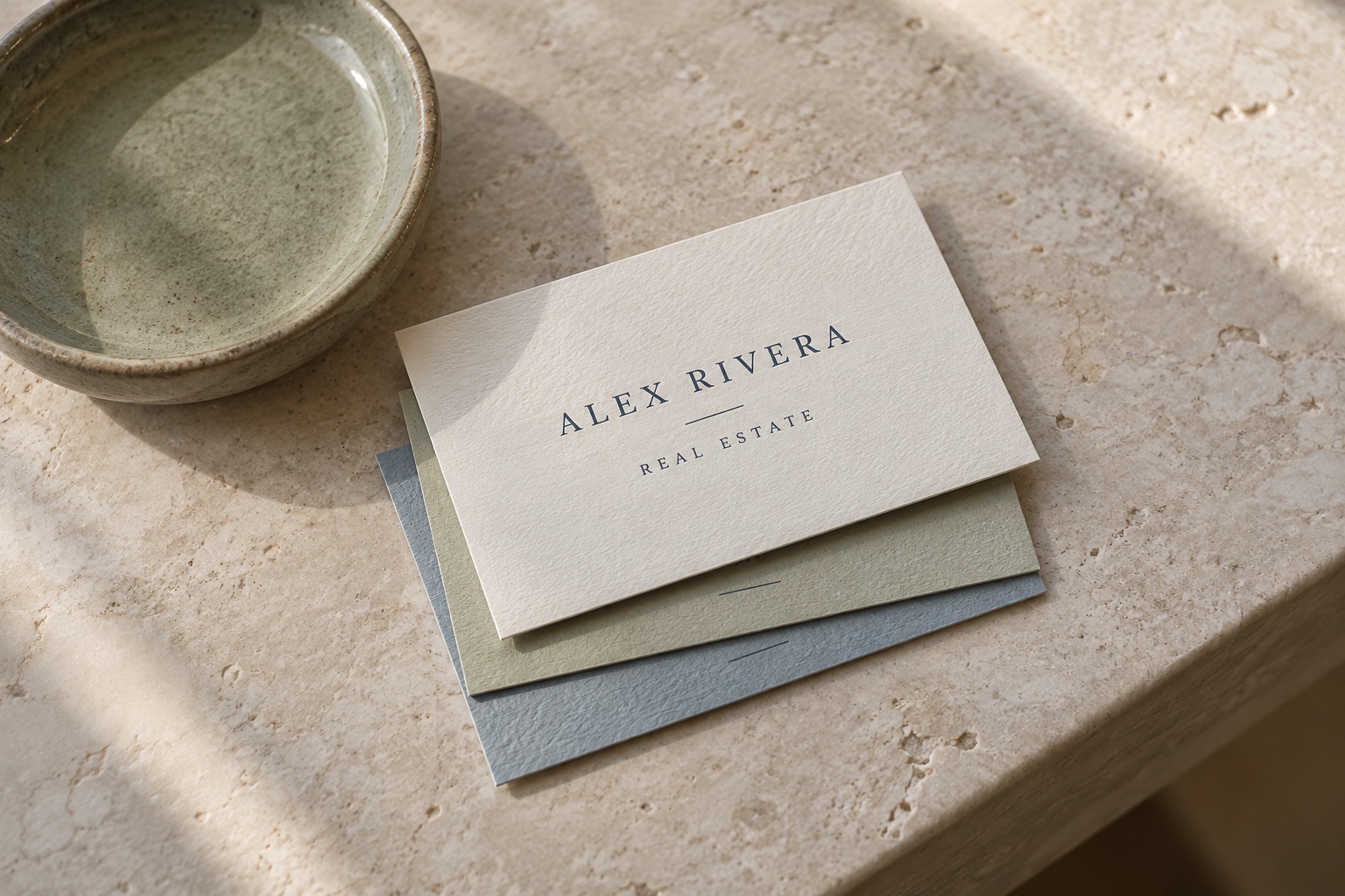 Cream real estate business cards on a limestone counter