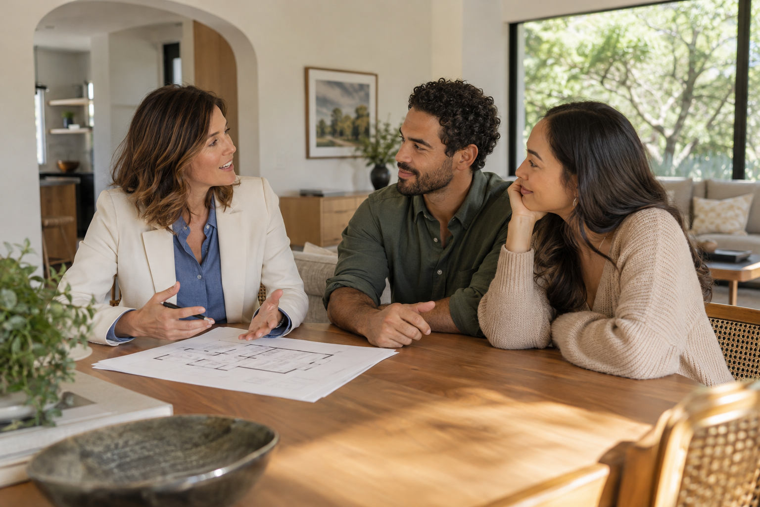 A real estate agent and two buyers sharing a conversation around a dining table
