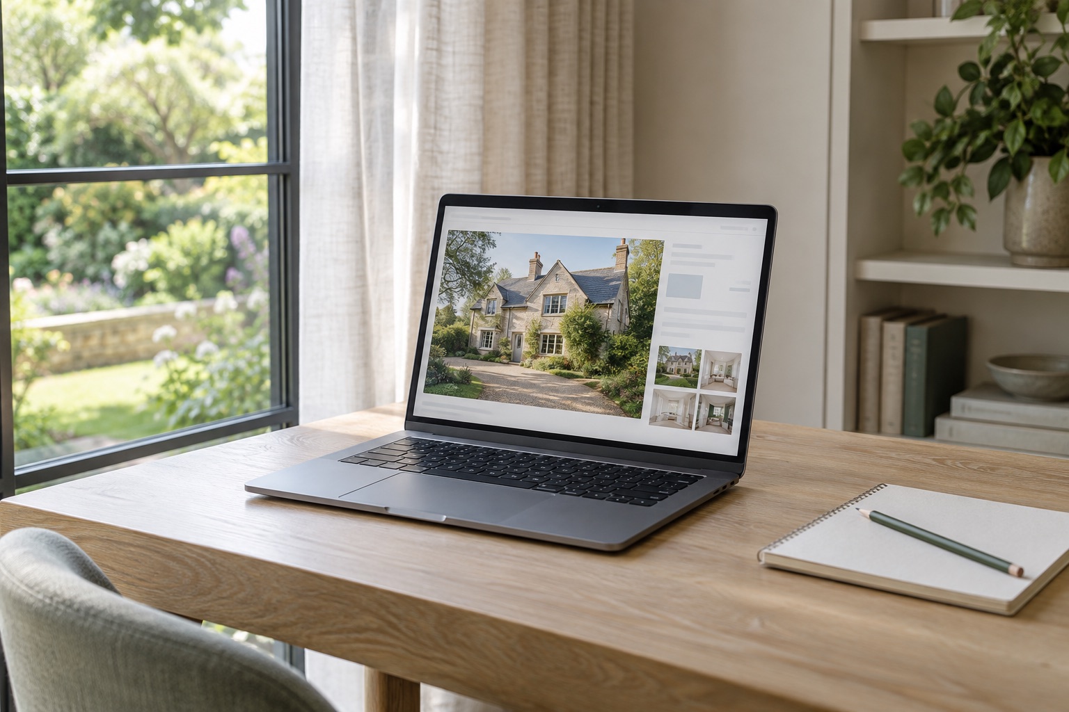 A laptop displaying a home listing on a quiet desk beside a window
