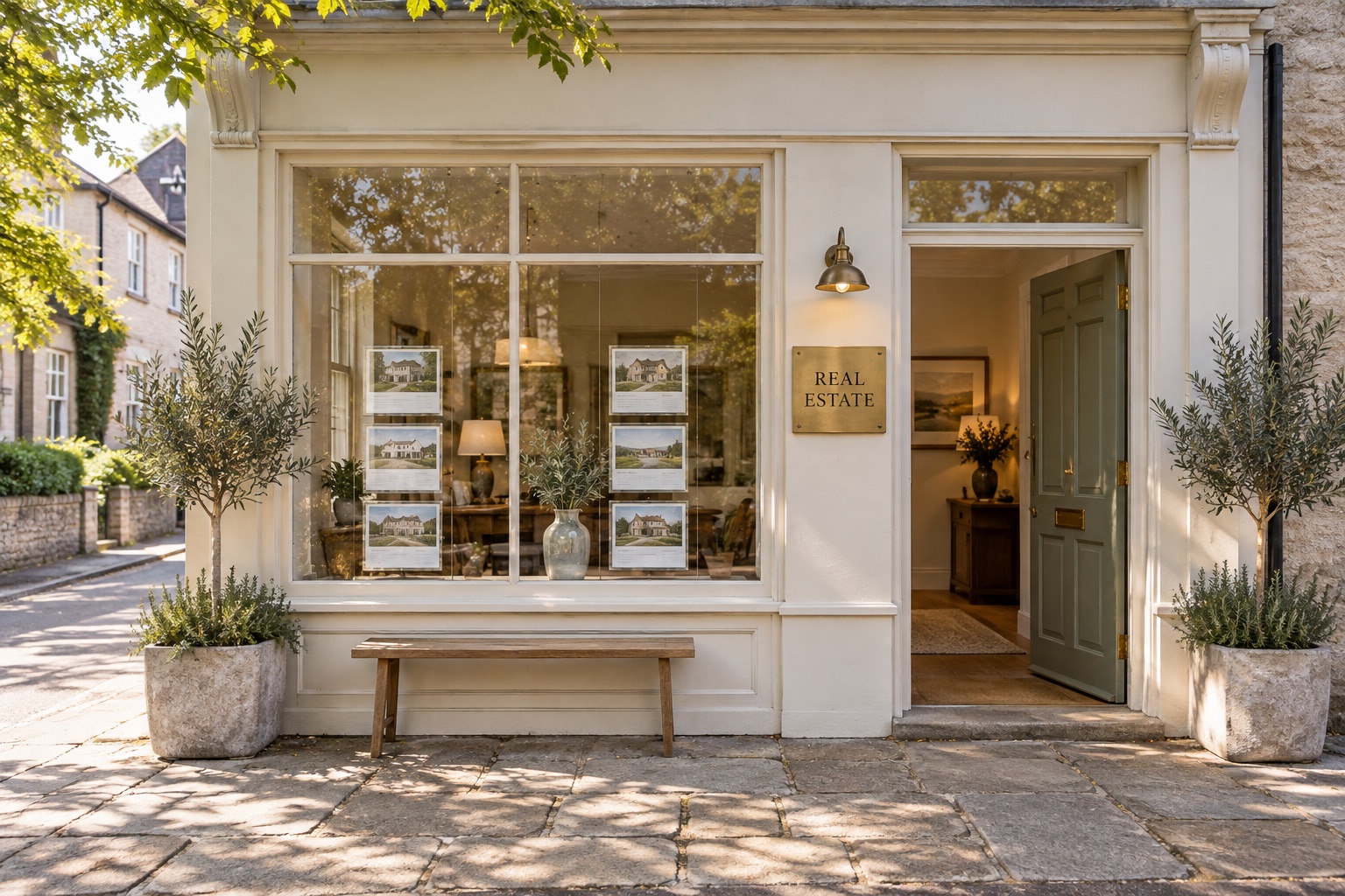 A neighborhood real estate office with listings in its window