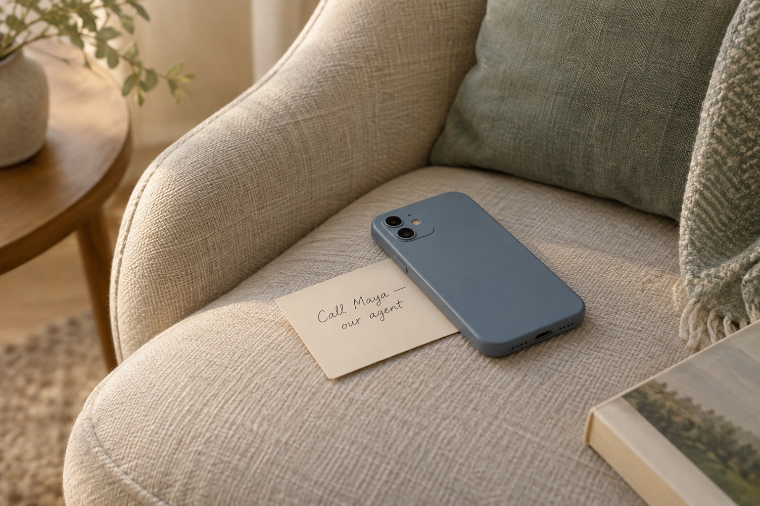 A handwritten agent recommendation beside a phone on a linen chair