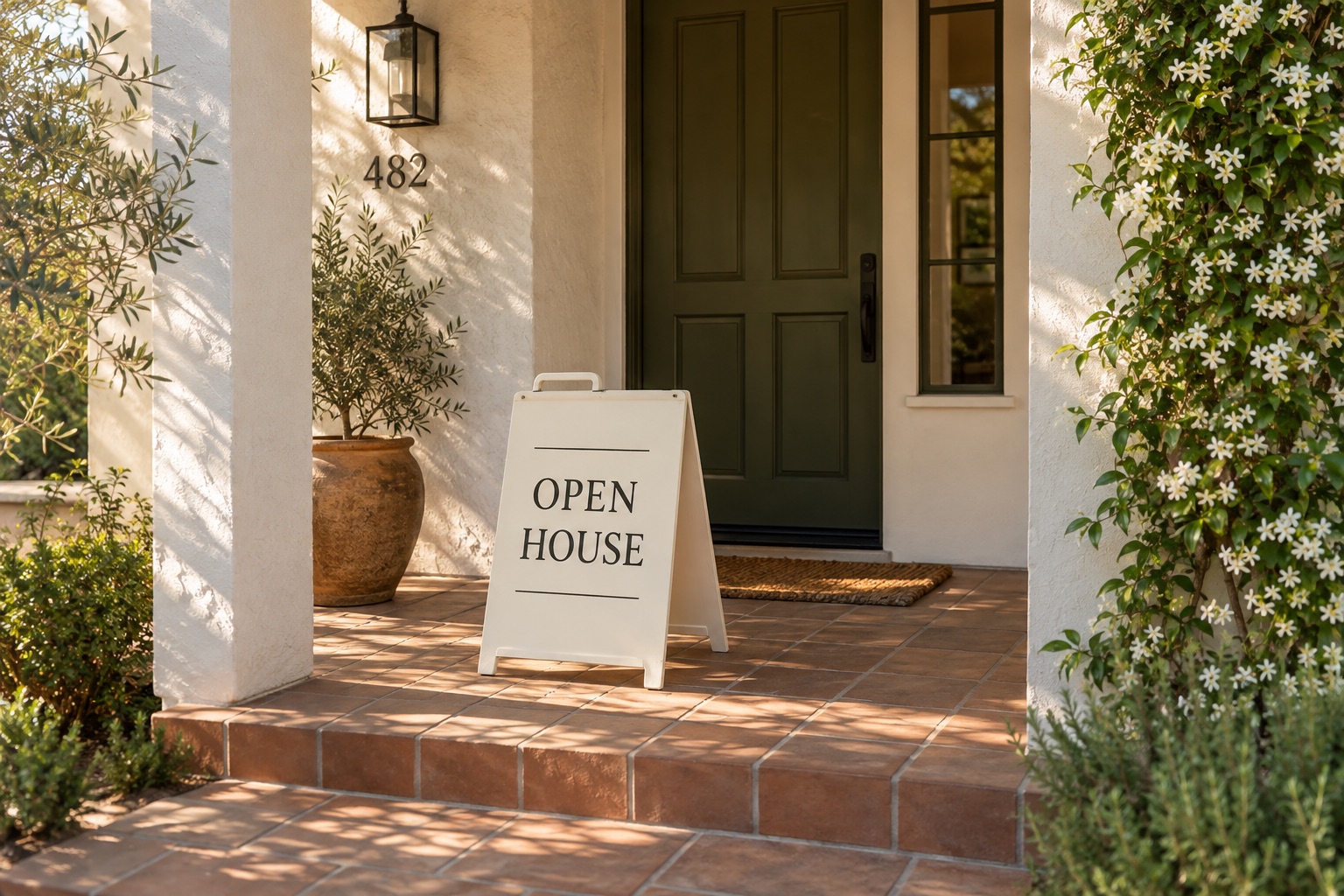 An open house sign on a terracotta porch